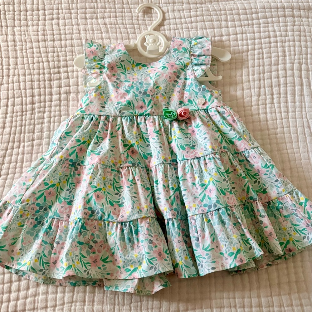 Monnalisa 9 month Floral Tiered Baby Dress with Ruffle Sleeves - Pink & Mint